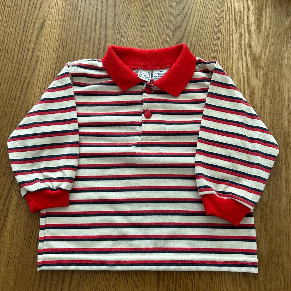 VTG Little By Little Striped Red White L/S Kids Polo Shirt 12-18 Months